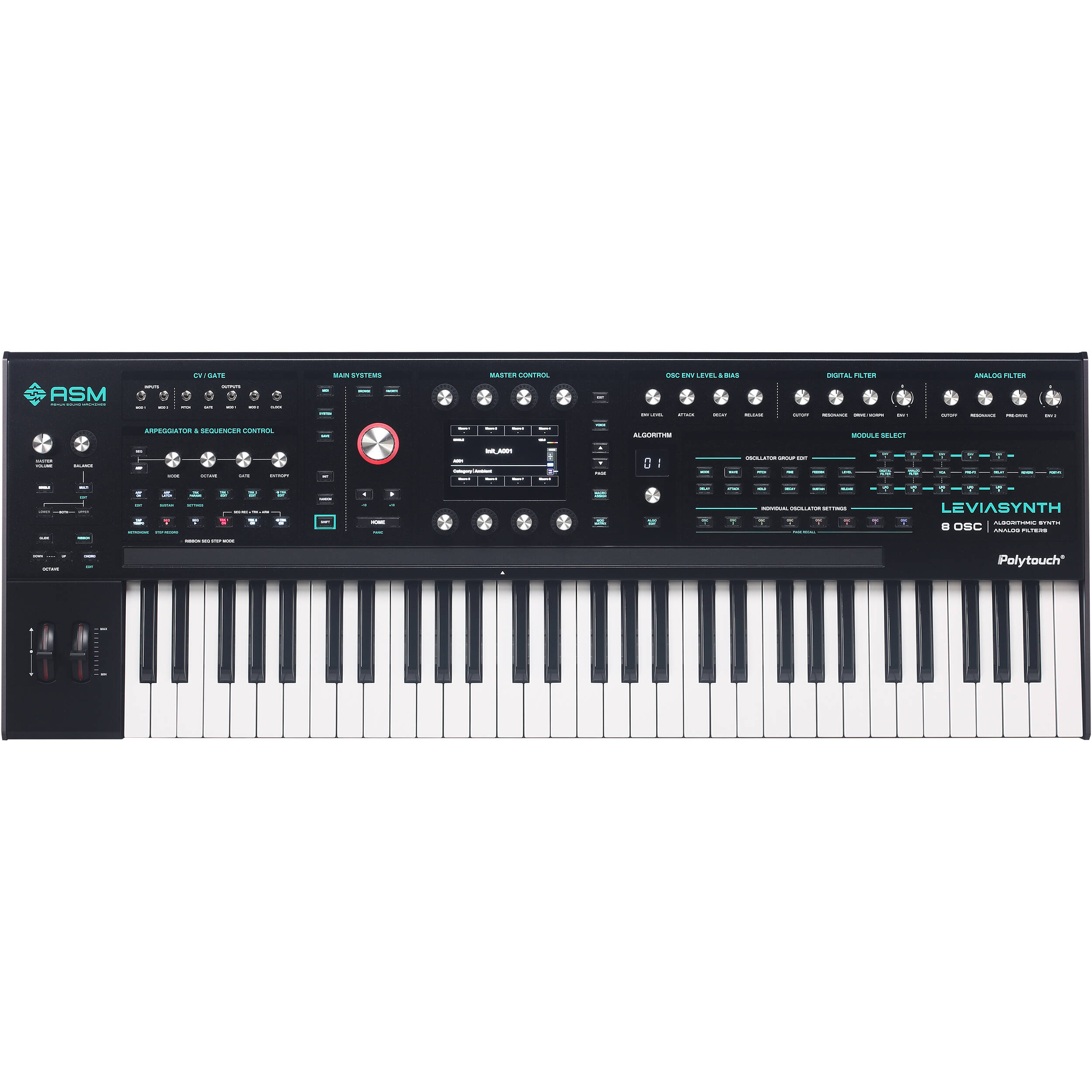 ASM Leviasynth keyboard synthesizer with black keys and control knobs, showcasing its compact music production design.