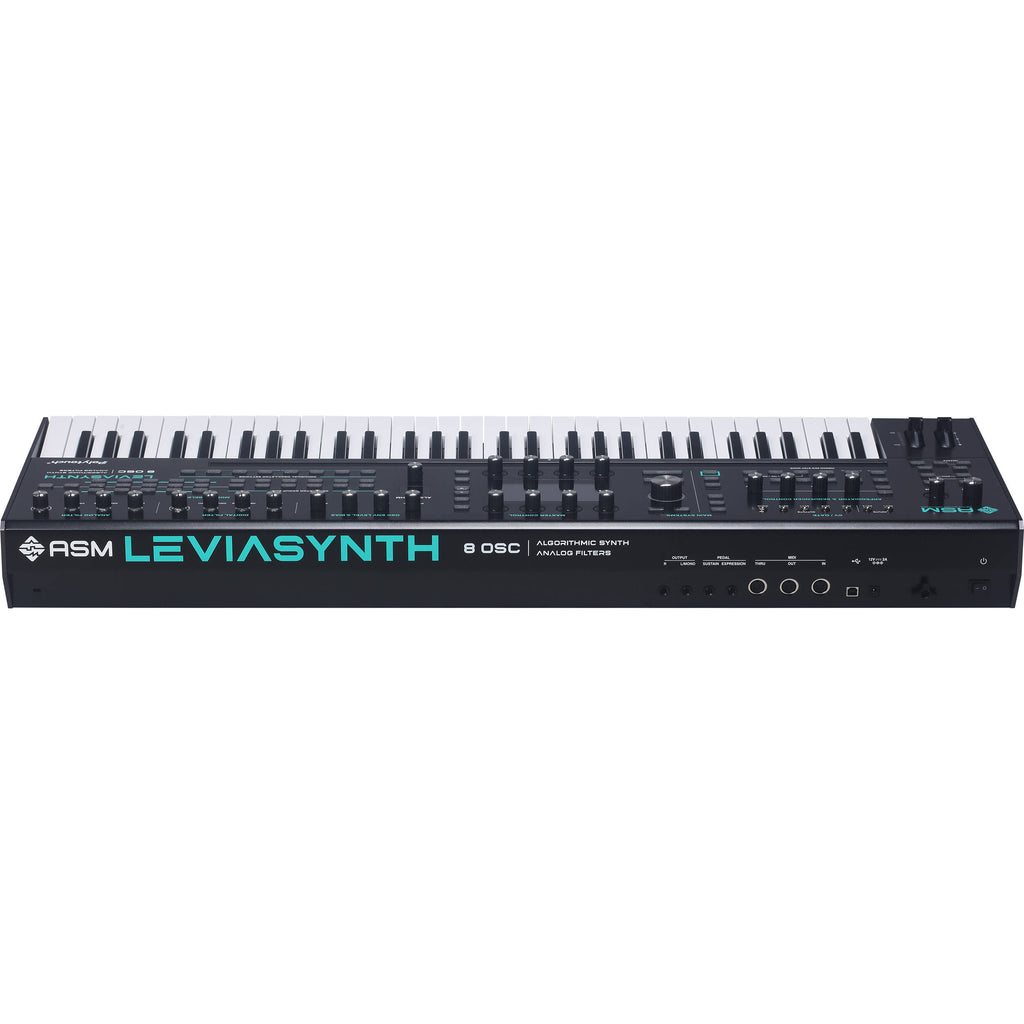 ASM Leviasynth keyboard synthesizer with black keys and control knobs, showcasing its modern electronic musical instrument design.