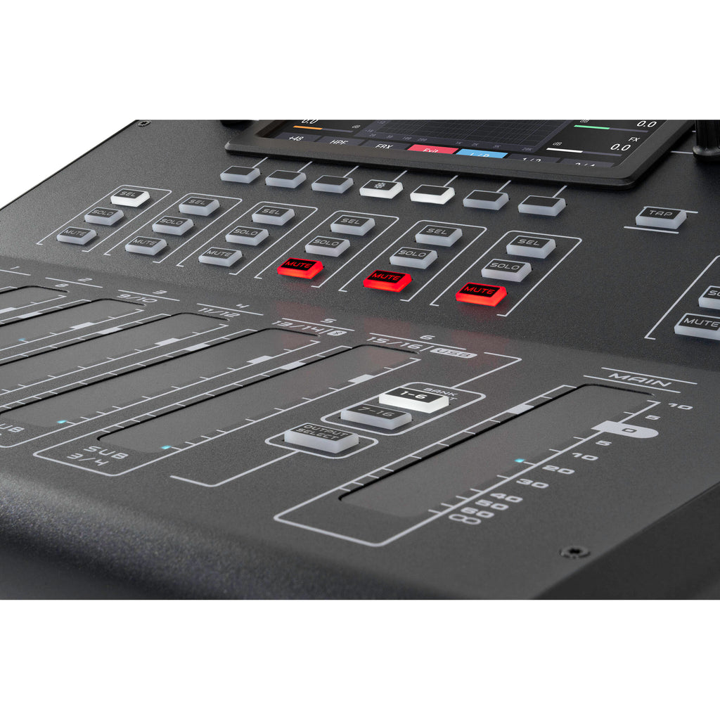 Alto Professional TMD16 digital mixer with multiple channels, knobs, and input/output ports for professional audio mixing.