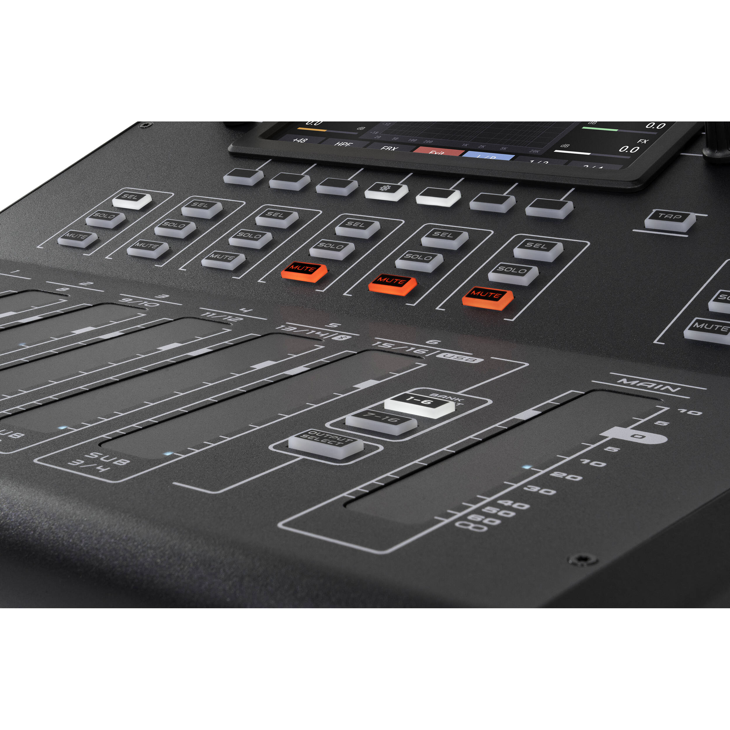 Alto Professional TMD16 digital mixer with multiple channels, knobs, and input/output ports for professional audio mixing.