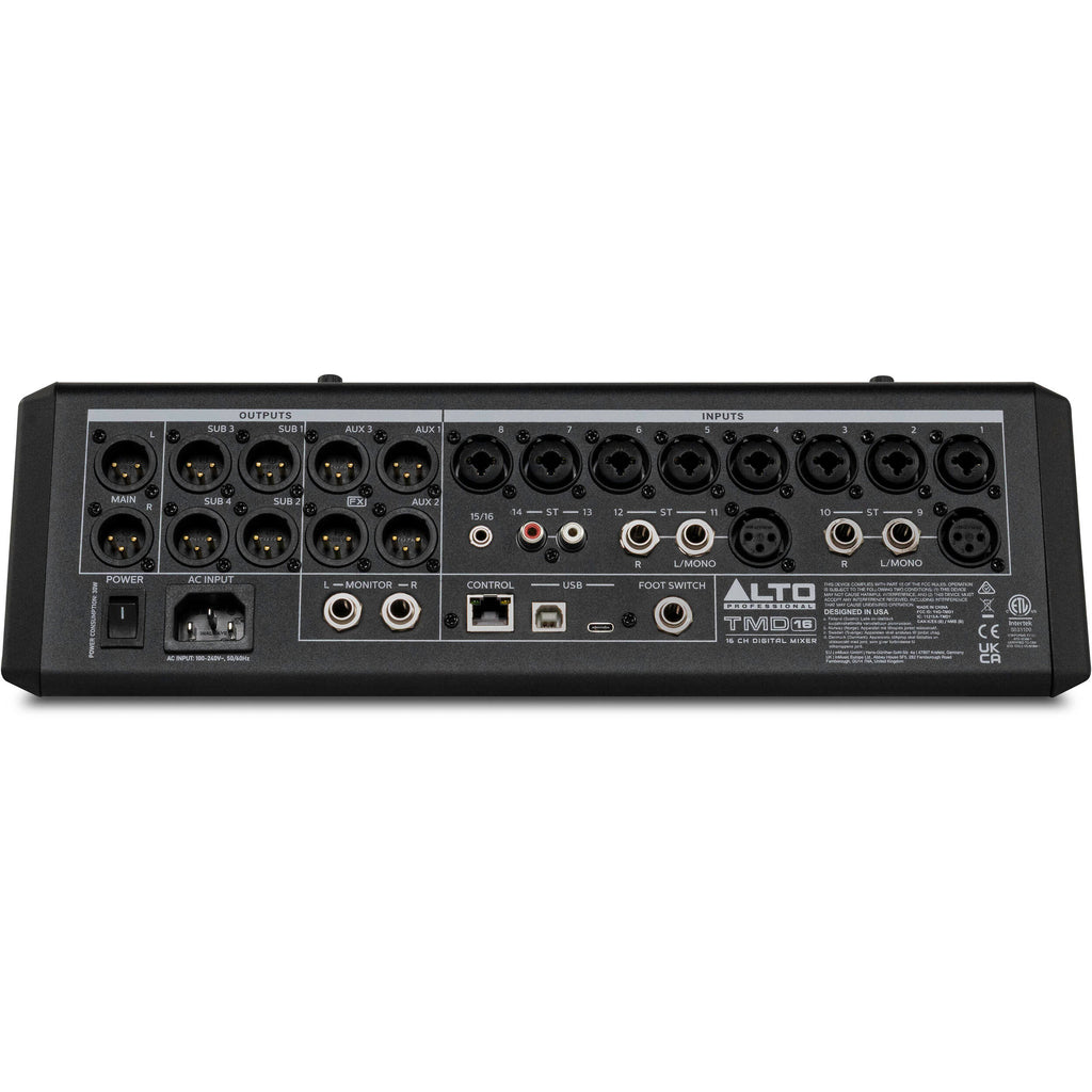 Alto Professional TMD16 digital mixer with multiple control knobs and input channels, professional audio equipment for live sound.