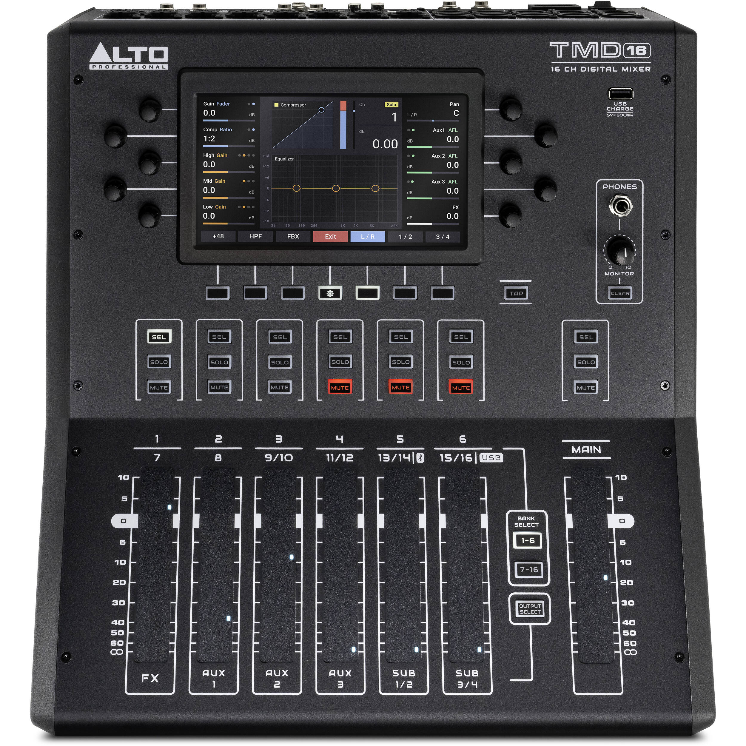 Alto Professional TMD16 digital mixer with multiple input channels and control knobs, compact audio mixing device.