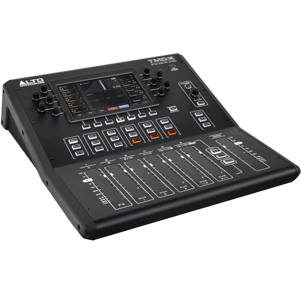 Alto Professional TMD16 digital mixer with multiple input channels, knobs, and controls for audio mixing.
