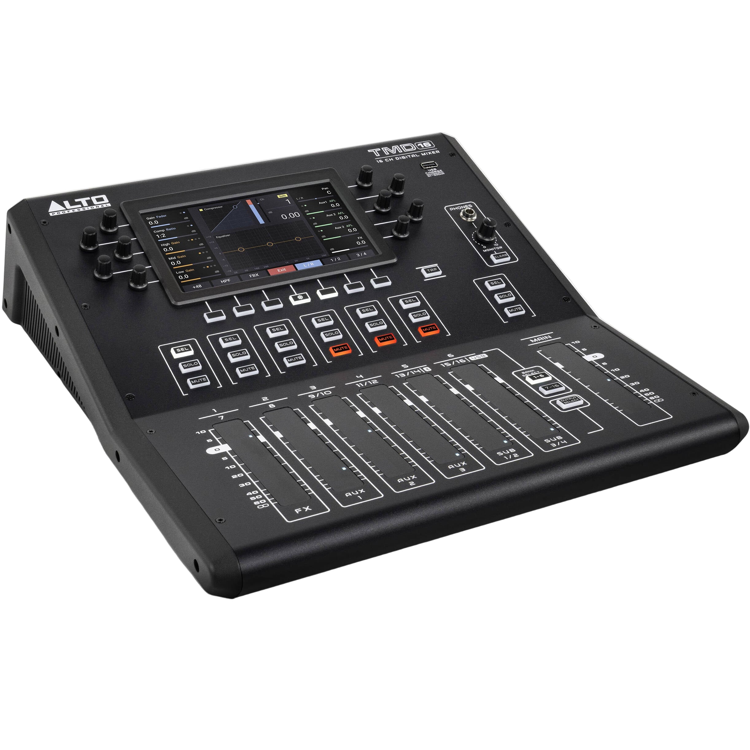 Alto Professional TMD16 digital mixer with multiple input channels, knobs, and controls for audio mixing.