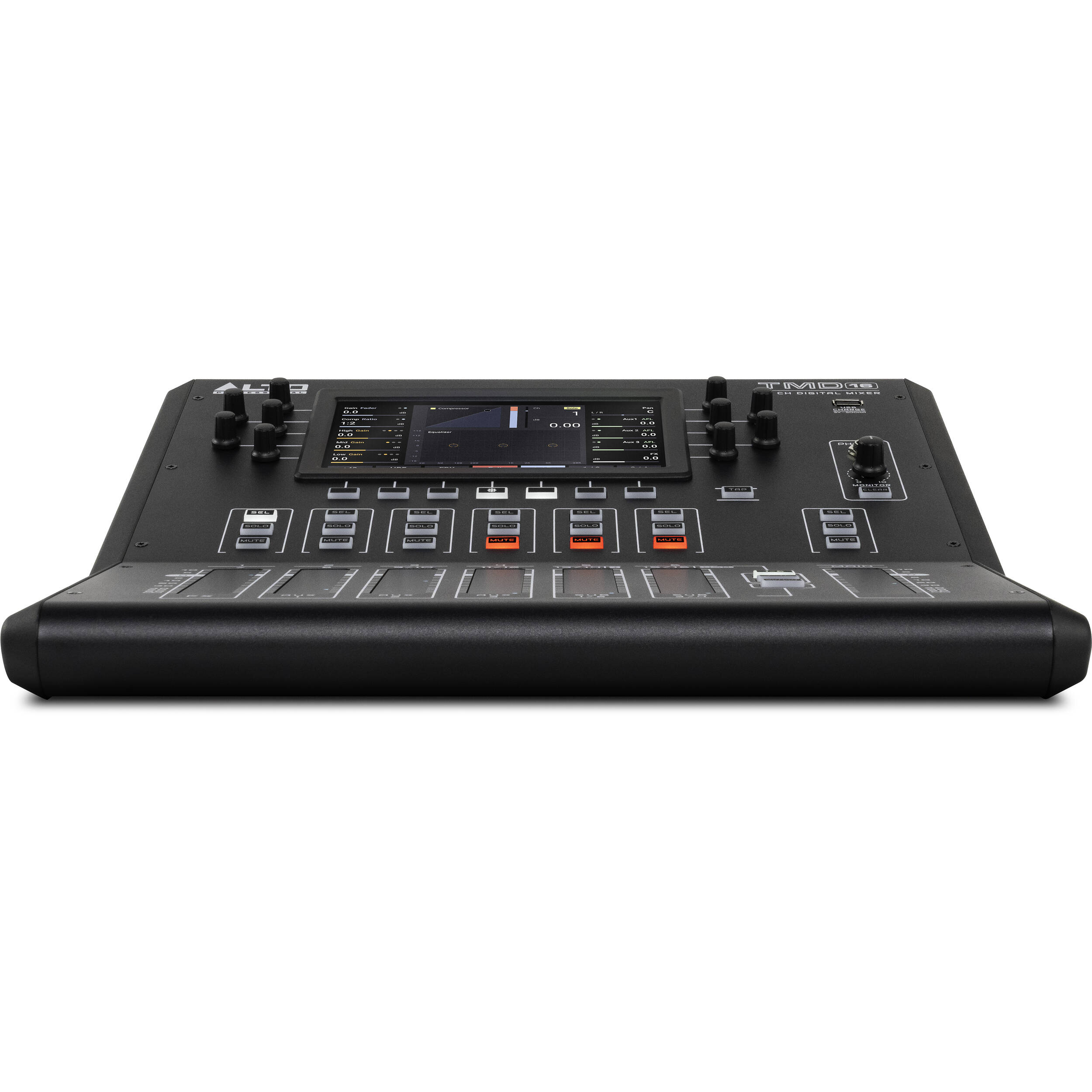 Alto Professional TMD16 digital mixer with multiple input channels and control knobs, set on a studio table.