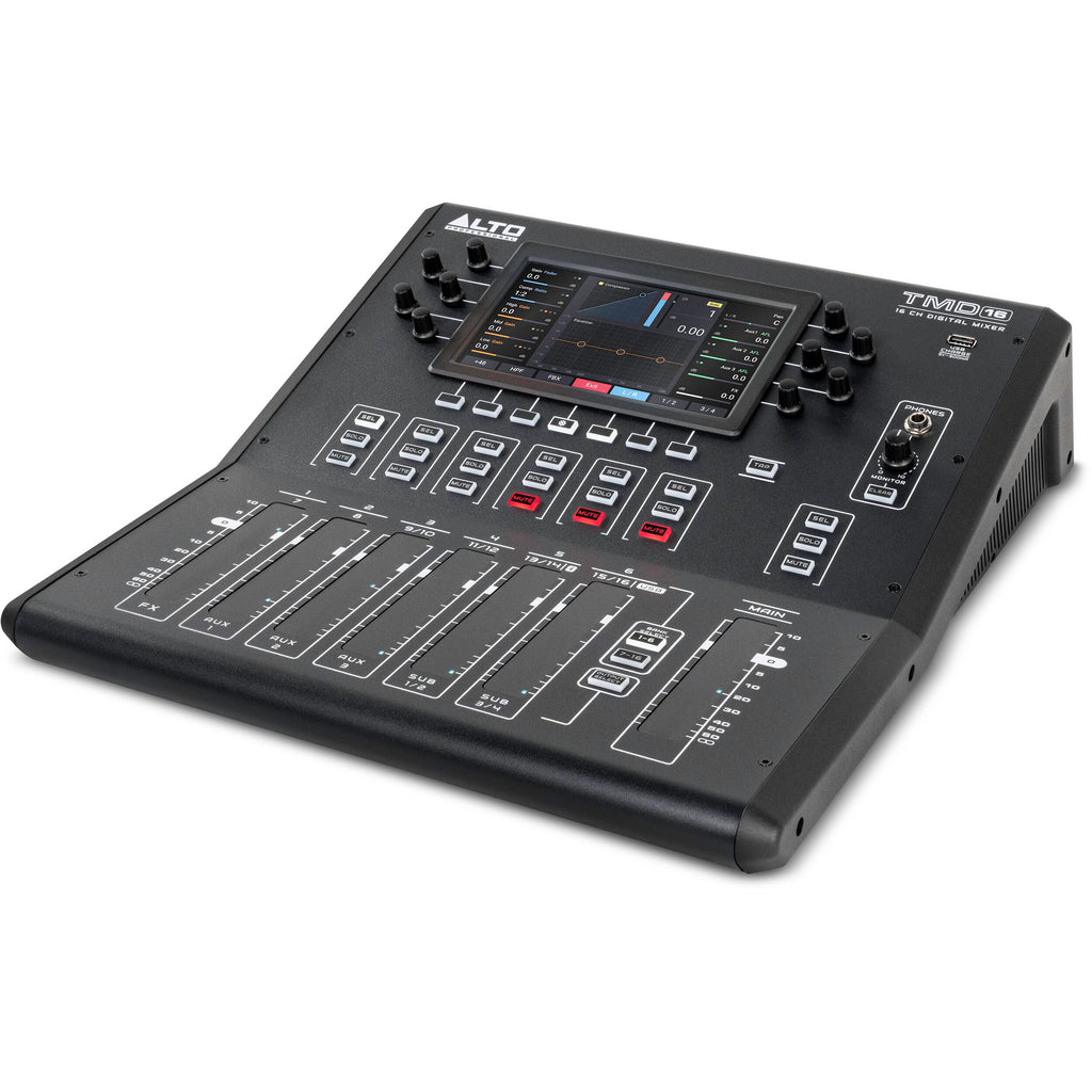 Alto Professional TMD16 digital mixer with multiple control knobs and input channels, showing a compact, professional audio mixing device.