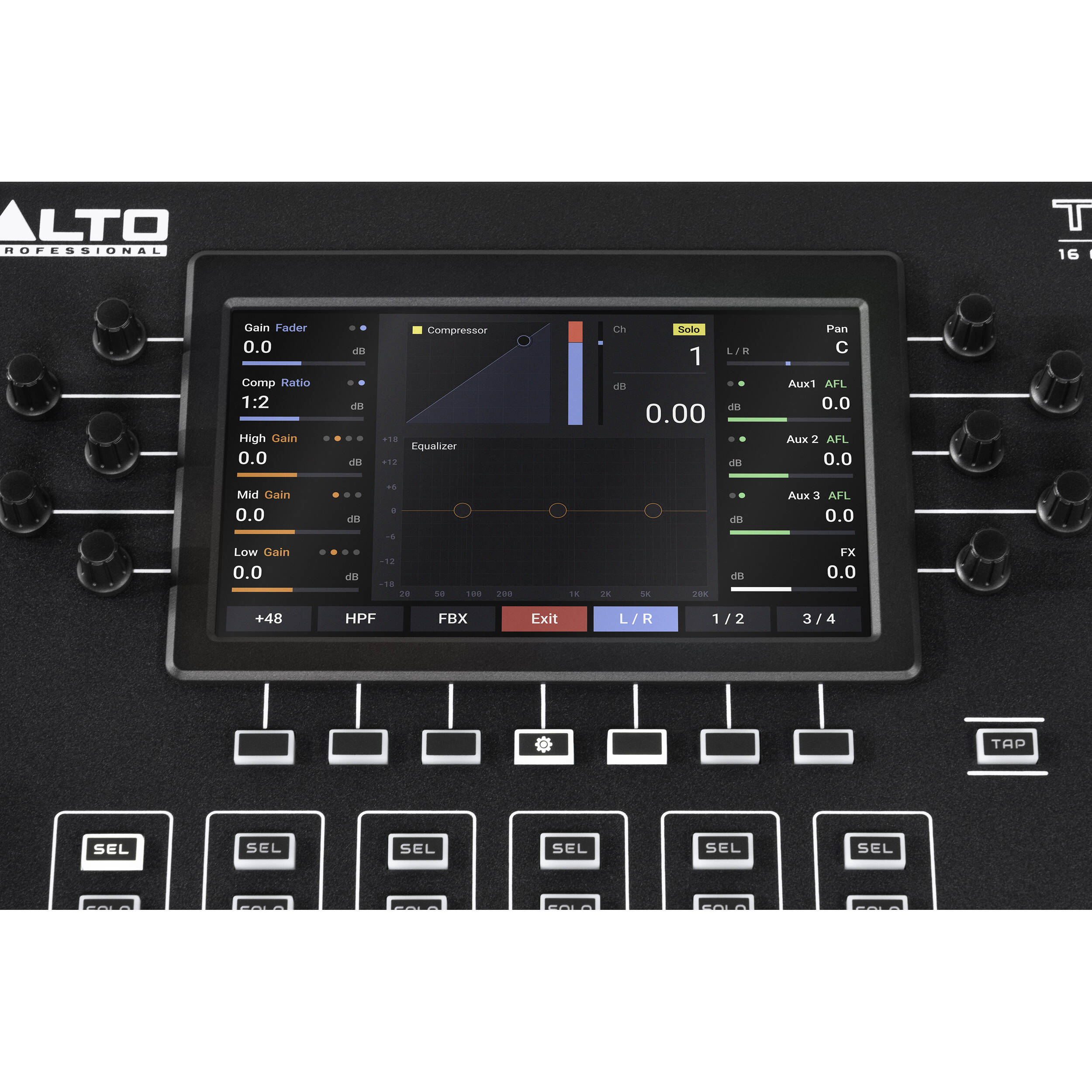 Alto Professional TMD16 digital mixer with multiple input channels, knobs, and control faders for audio mixing.