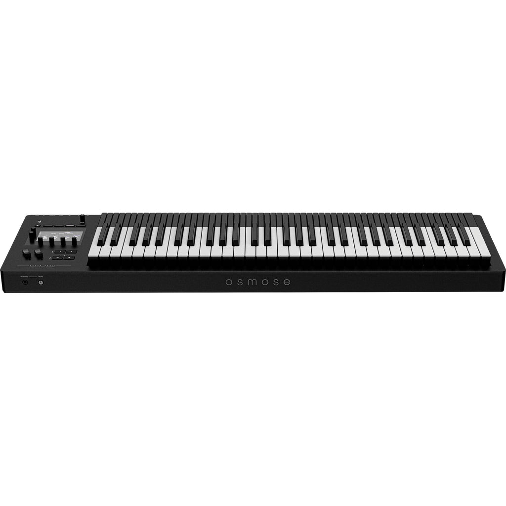 Expressive E Osmose 61 keyboard synthesizer with black keys and control knobs, showcasing its compact design and touch surface.