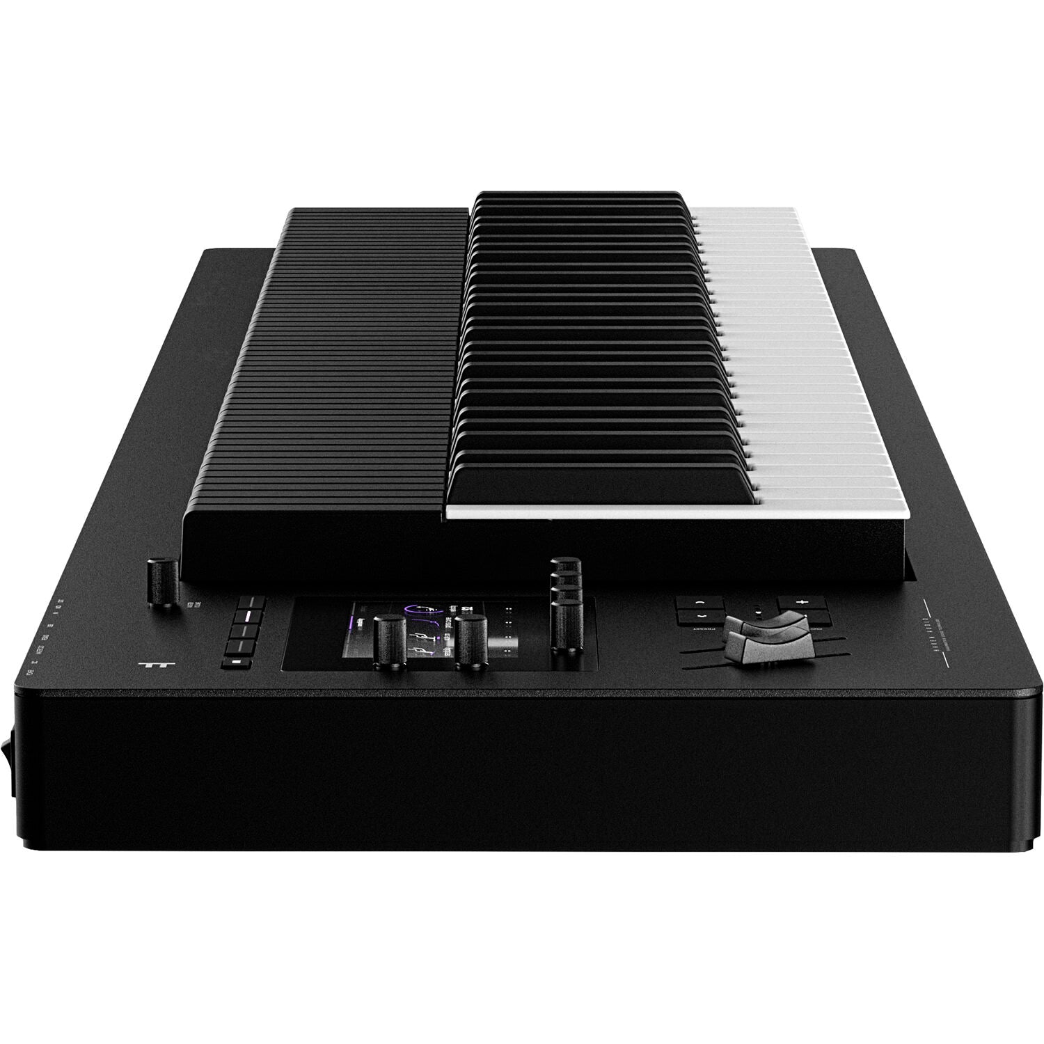 Expressive E Osmose 61 keyboard synthesizer with expressive controls and sleek black design, displayed on a stand.