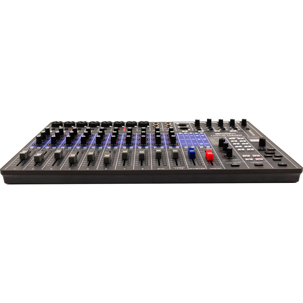 Zoom LiveTrak L12next digital mixer with multiple input channels, knobs, and controls, shown on a professional audio setup.
