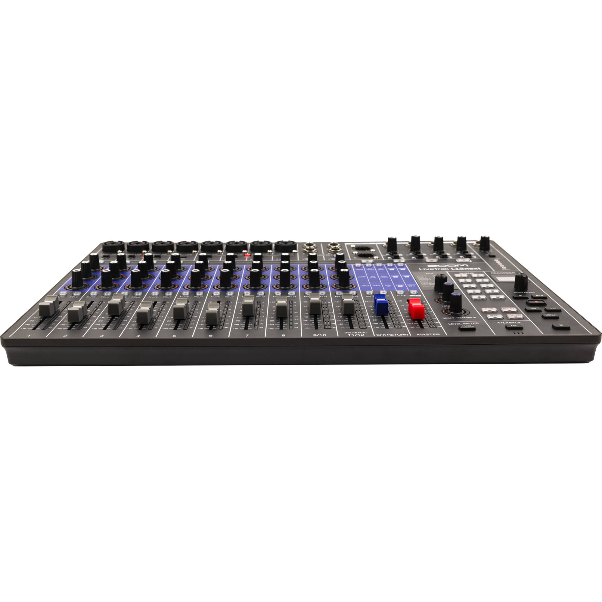 Zoom LiveTrak L12next digital mixer with multiple input channels, knobs, and controls, shown on a professional audio setup.