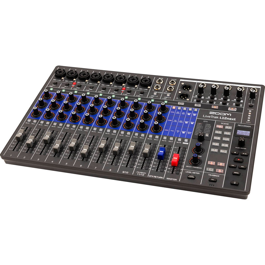 Zoom LiveTrak L12next digital mixer with multiple input channels and control knobs for professional audio mixing.