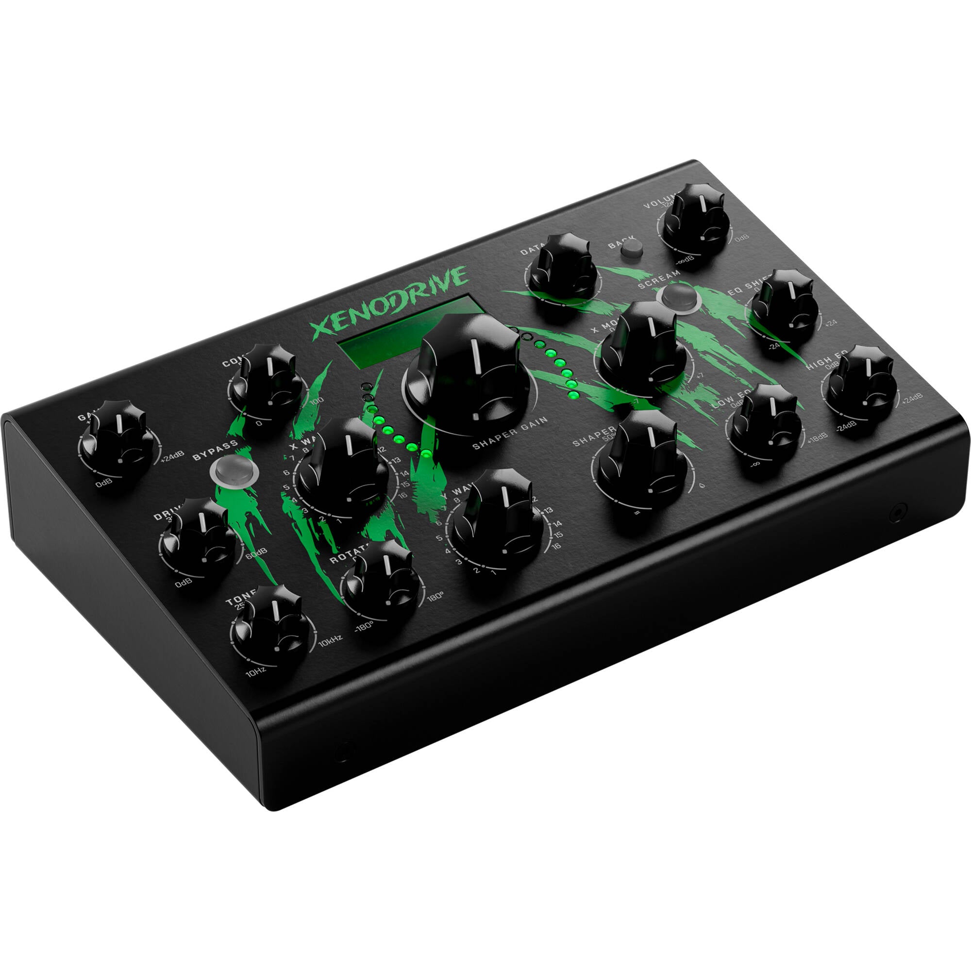 Erica Synths Xenodrive effects pedal with control knobs and input/output jacks for guitar or instrument processing.