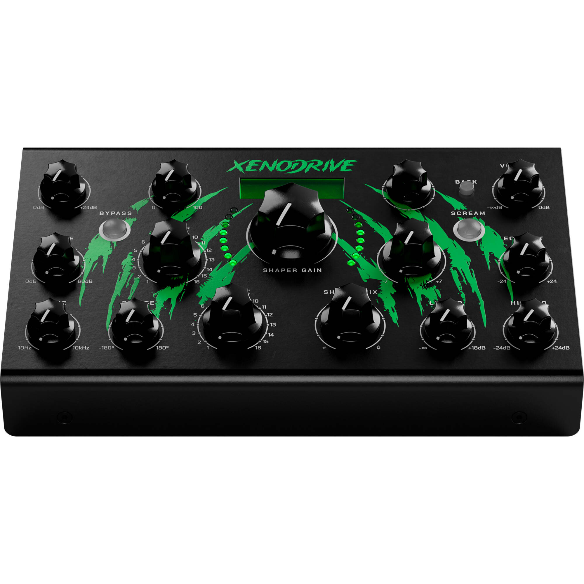 Erica Synths Xenodrive effects pedal with colorful knobs and input/output jacks, designed for guitar and audio processing.