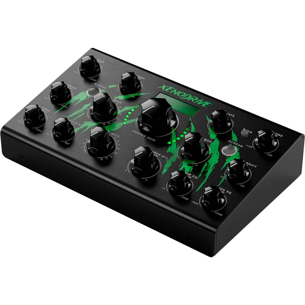 Erica Synths Xenodrive effects pedal with knobs and input/output jacks on a black background.