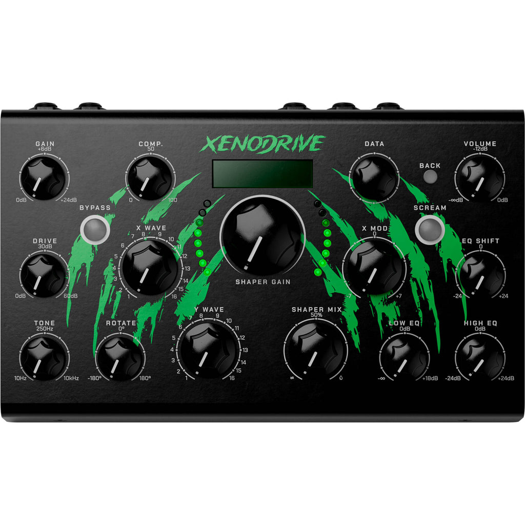 Erica Synths Xenodrive effects pedal with control knobs and input/output jacks on a black metal enclosure.