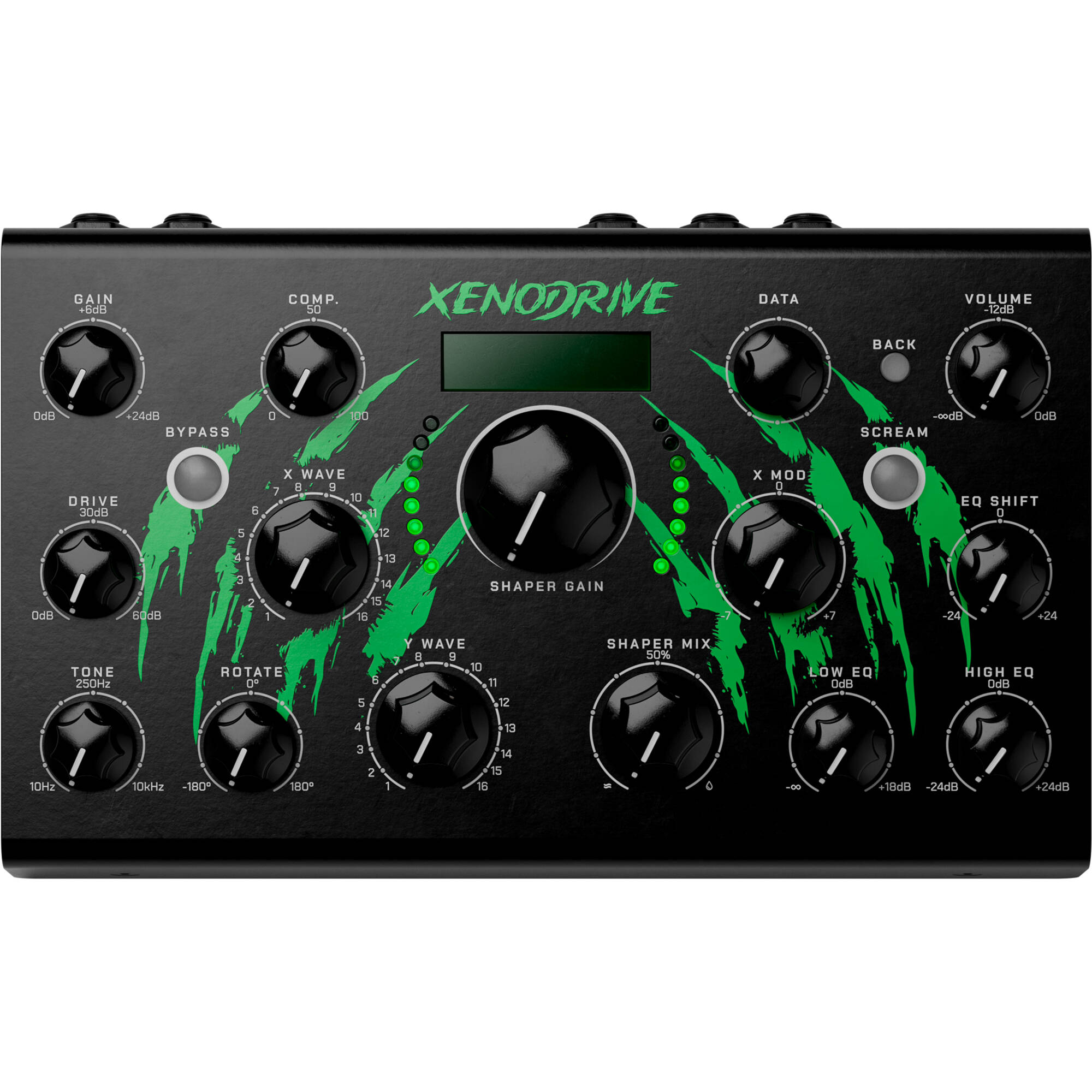 Erica Synths Xenodrive effects pedal with control knobs and input/output jacks on a black metal enclosure.