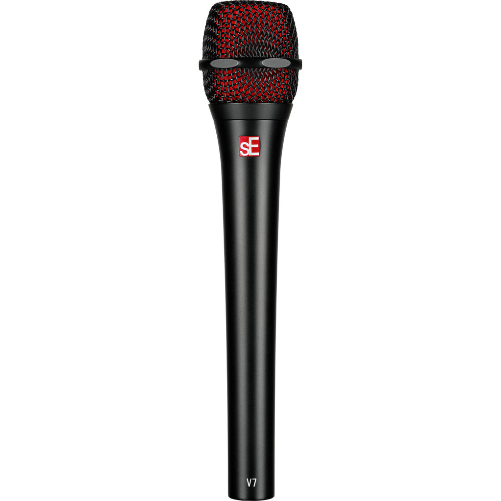 SE Electronics V7 ENG dynamic microphone with metal grille and controls, ideal for professional broadcasting and live sound applications.