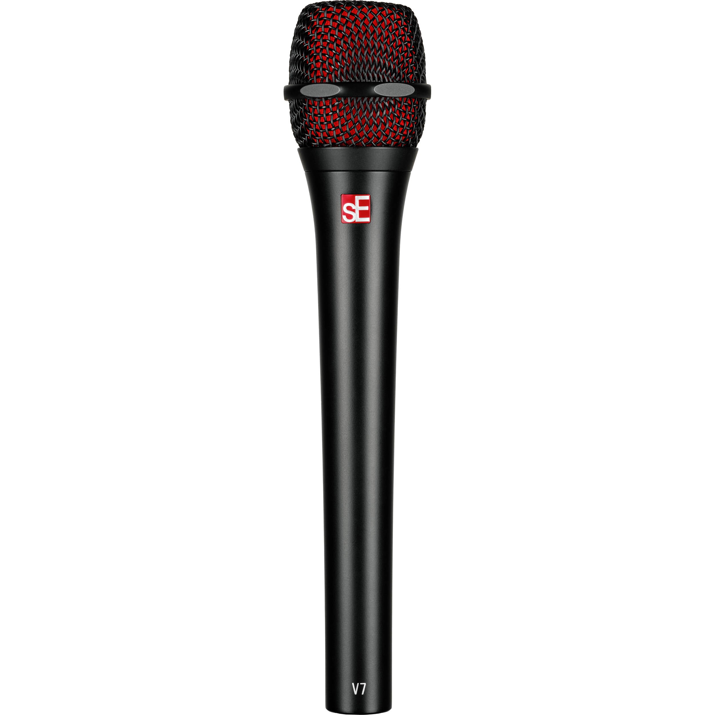 SE Electronics V7 ENG dynamic microphone with metal grille and controls, ideal for professional broadcasting and live sound applications.