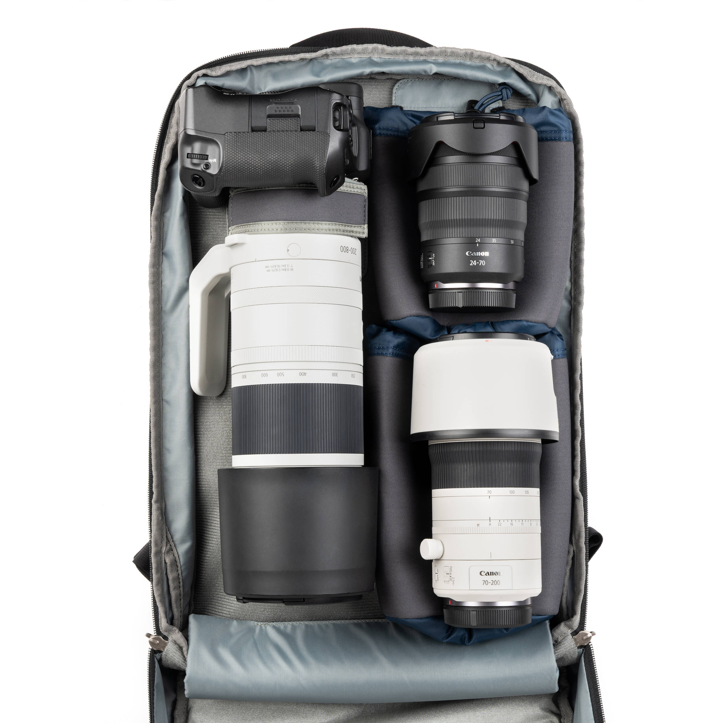Think Tank Shape Shifter video equipment bag with adjustable compartments and padded interior for camera gear storage.