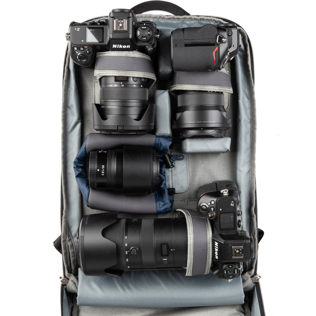 Think Tank Shape Shifter video equipment bag showing adjustable compartments and padded interior for camera gear storage.