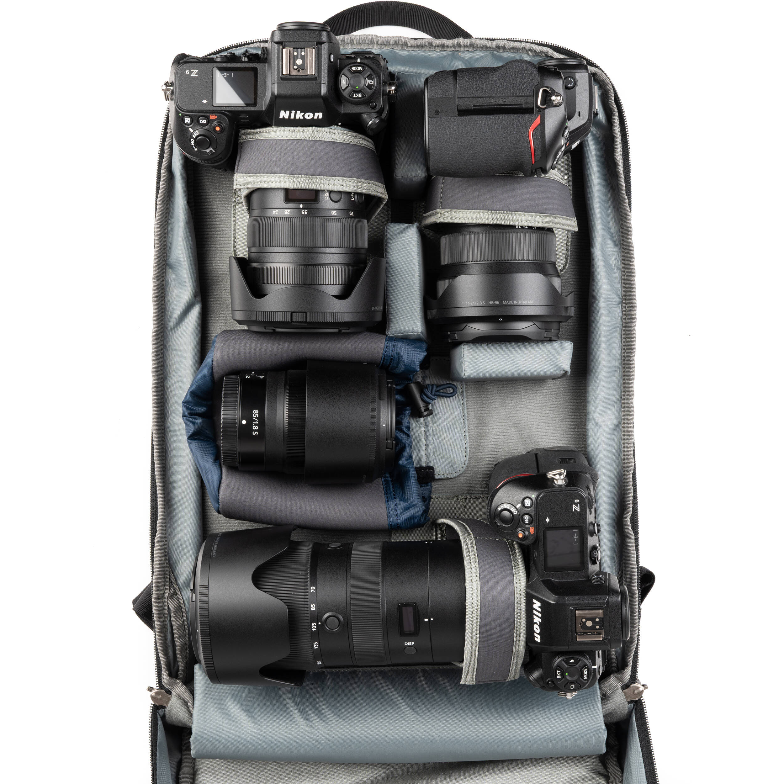 Think Tank Shape Shifter video equipment bag showing adjustable compartments and padded interior for camera gear storage.