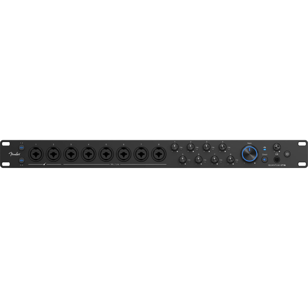 Fender Quantum LT 16 USB audio interface with multiple input ports and control knobs for professional audio recording.