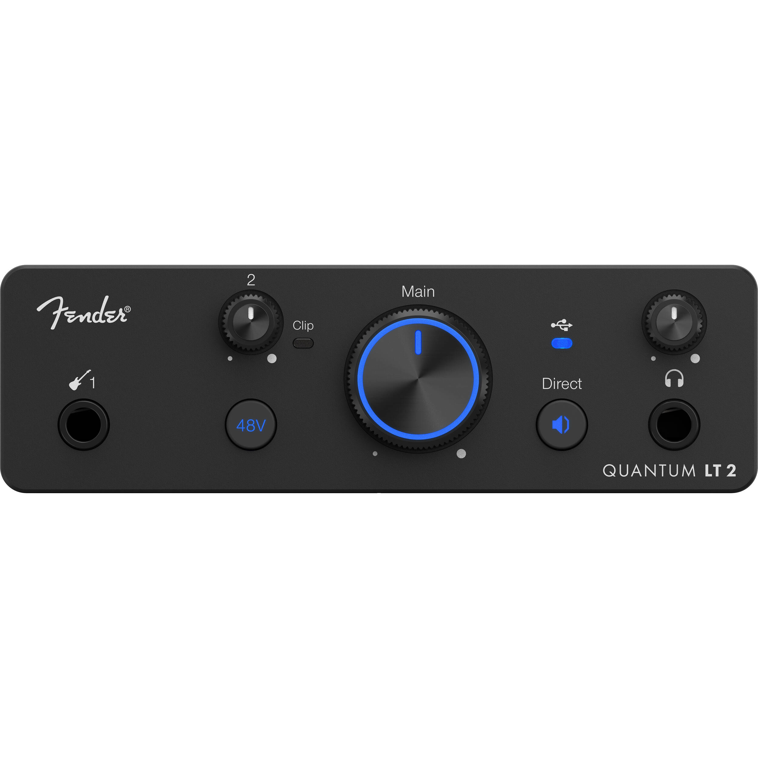 Fender Quantum LT 2 USB audio interface with multiple input and output ports, compact design, and control knobs for music recording.