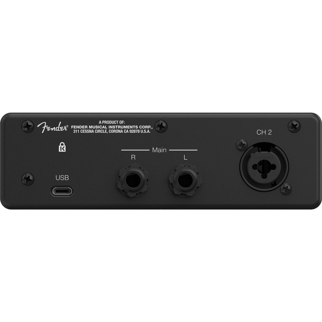 Fender Quantum LT 2 USB audio interface with input and output ports, compact design, and control knobs for music recording.