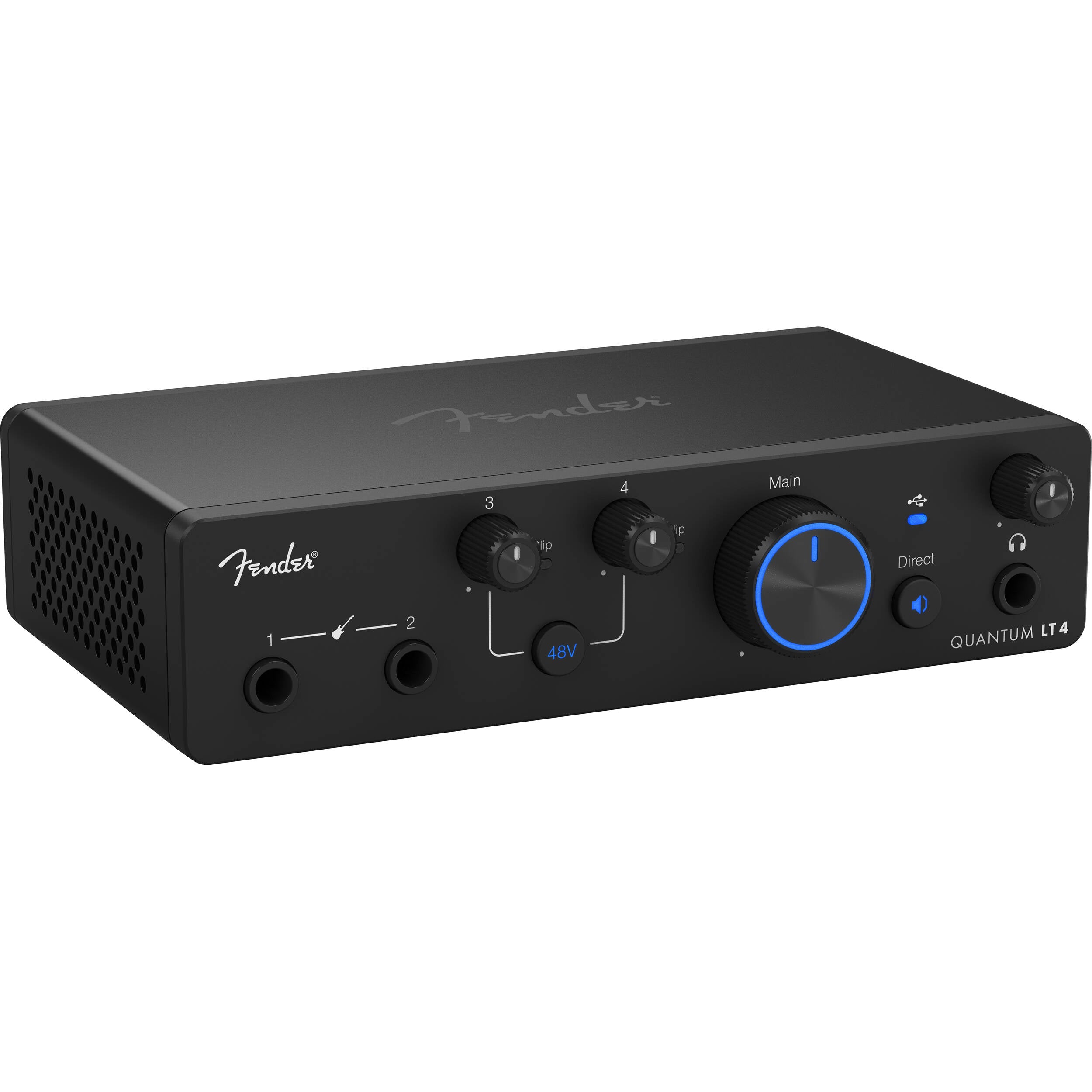 Fender Quantum LT 4 USB audio interface with multiple input/output ports and digital controls on a sleek black surface.