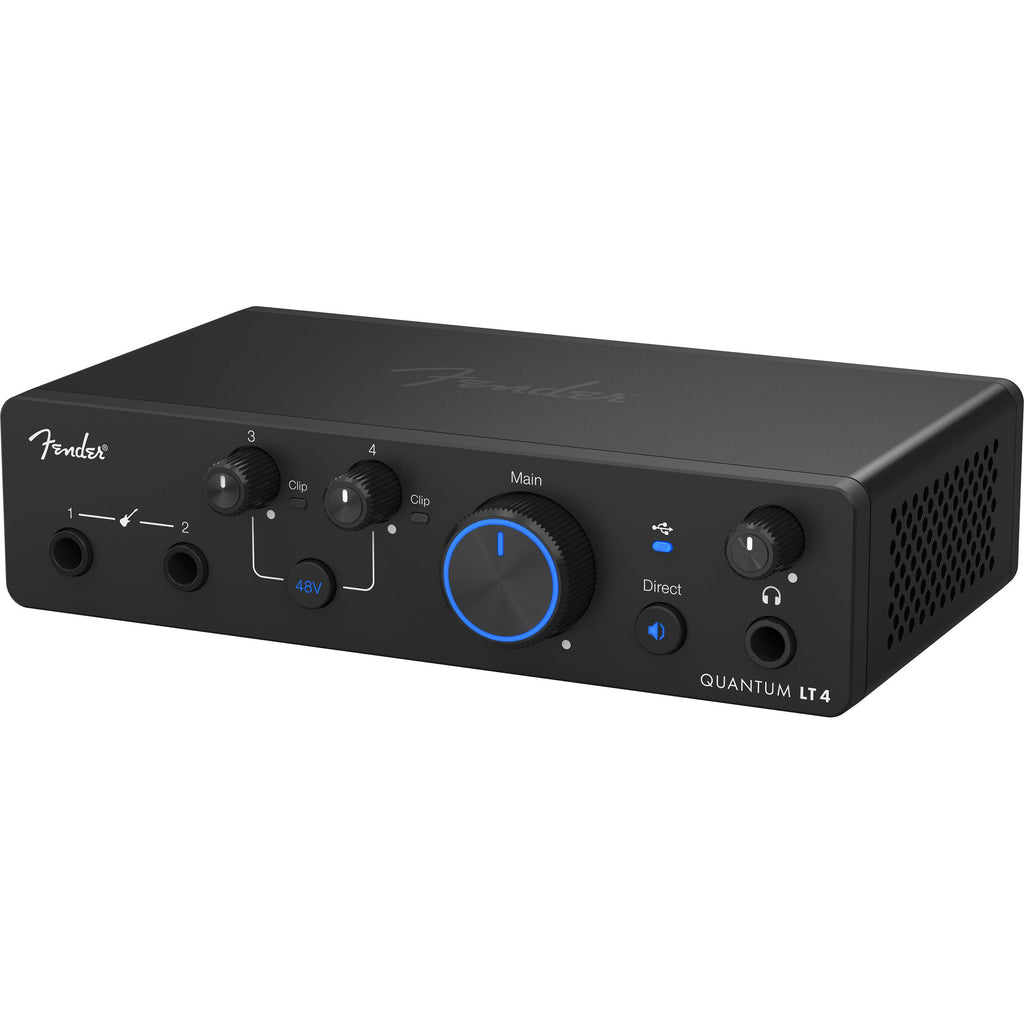 Fender Quantum LT 4 USB audio interface with multiple input ports and control knobs, compact design for music recording.