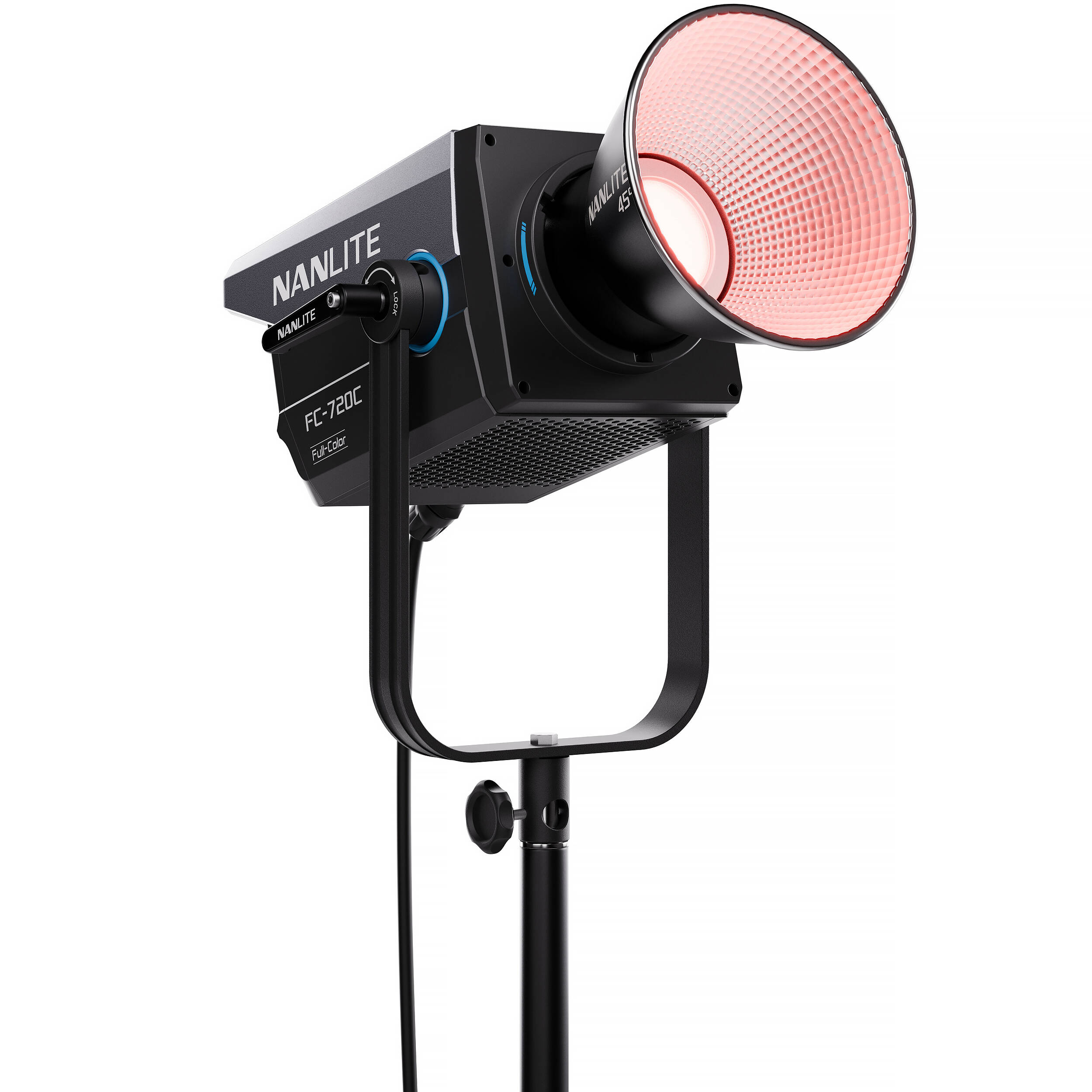 Nanlite FC-720C RGBW LED spotlight showing adjustable color settings and sleek design for professional lighting applications.