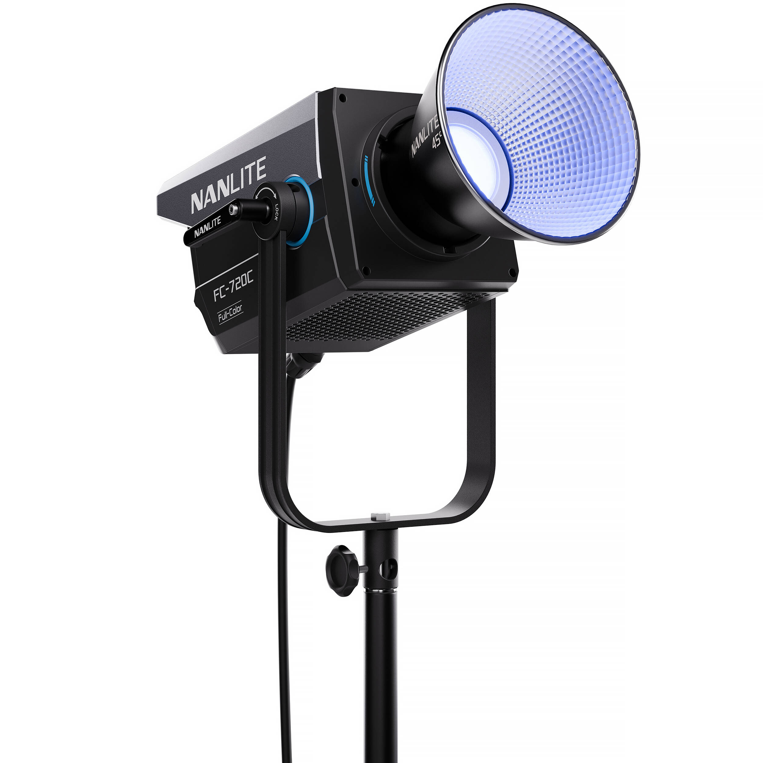 Nanlite FC-720C RGBW color LED spotlight showing adjustable RGB color settings and bright white light options.