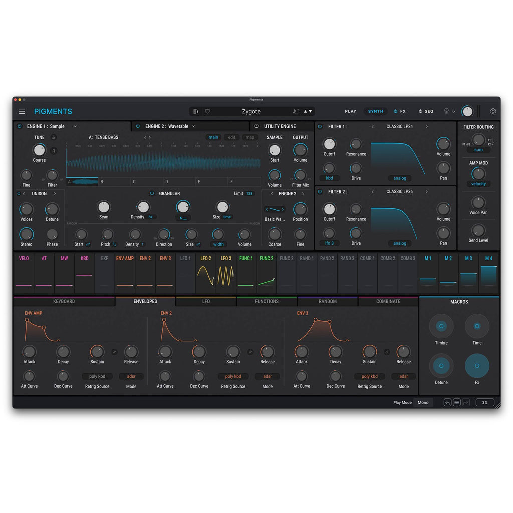 Arturia Pigments 7 virtual instrument plugin interface with colorful waveform displays and modulation controls.