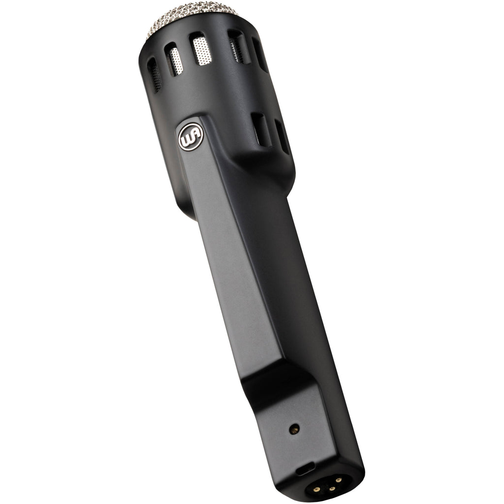 Warm Audio Retro 64 dynamic microphone shown in black with built-in stand mount for studio recording and live performance.