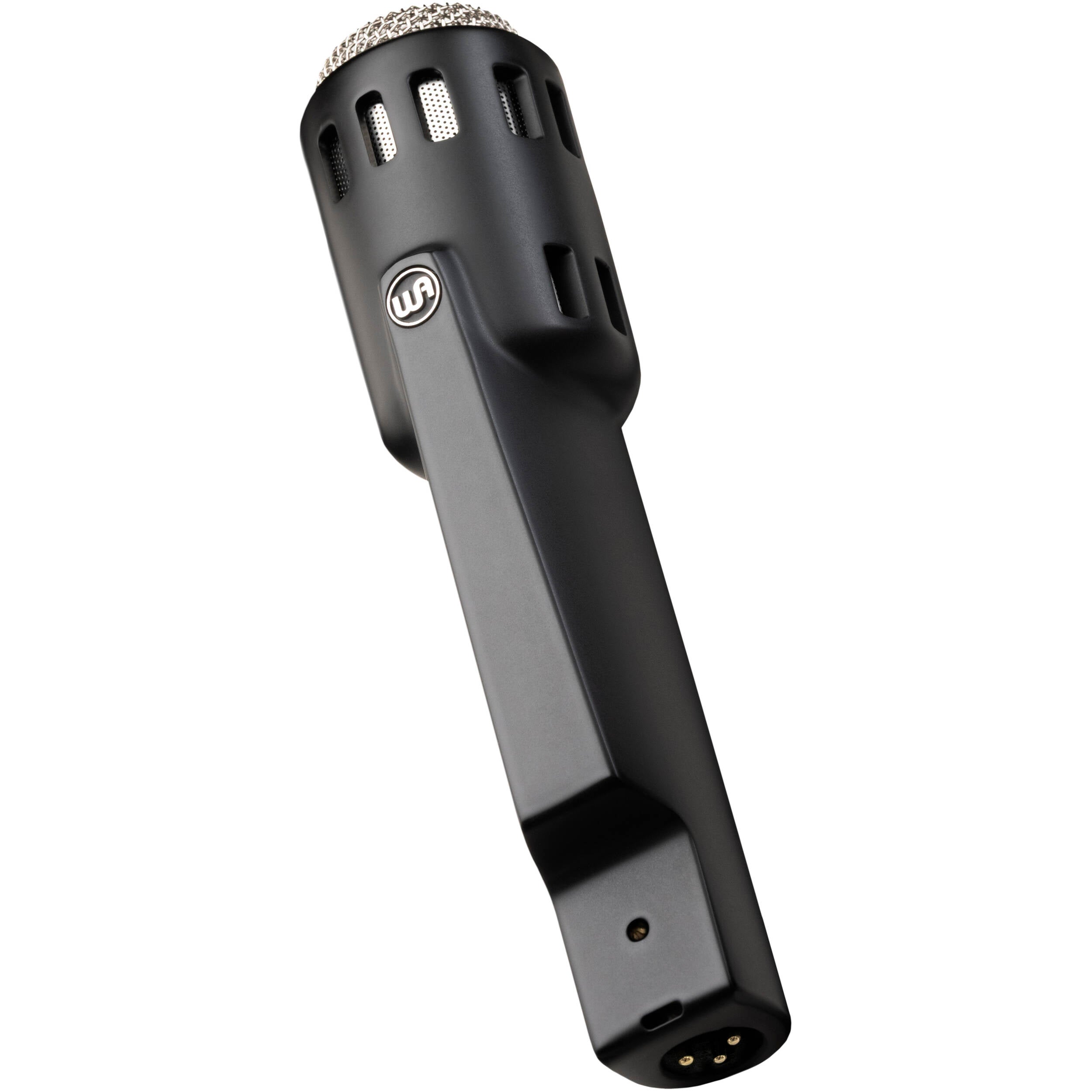 Warm Audio Retro 64 dynamic microphone shown in black with built-in stand mount for studio recording and live performance.