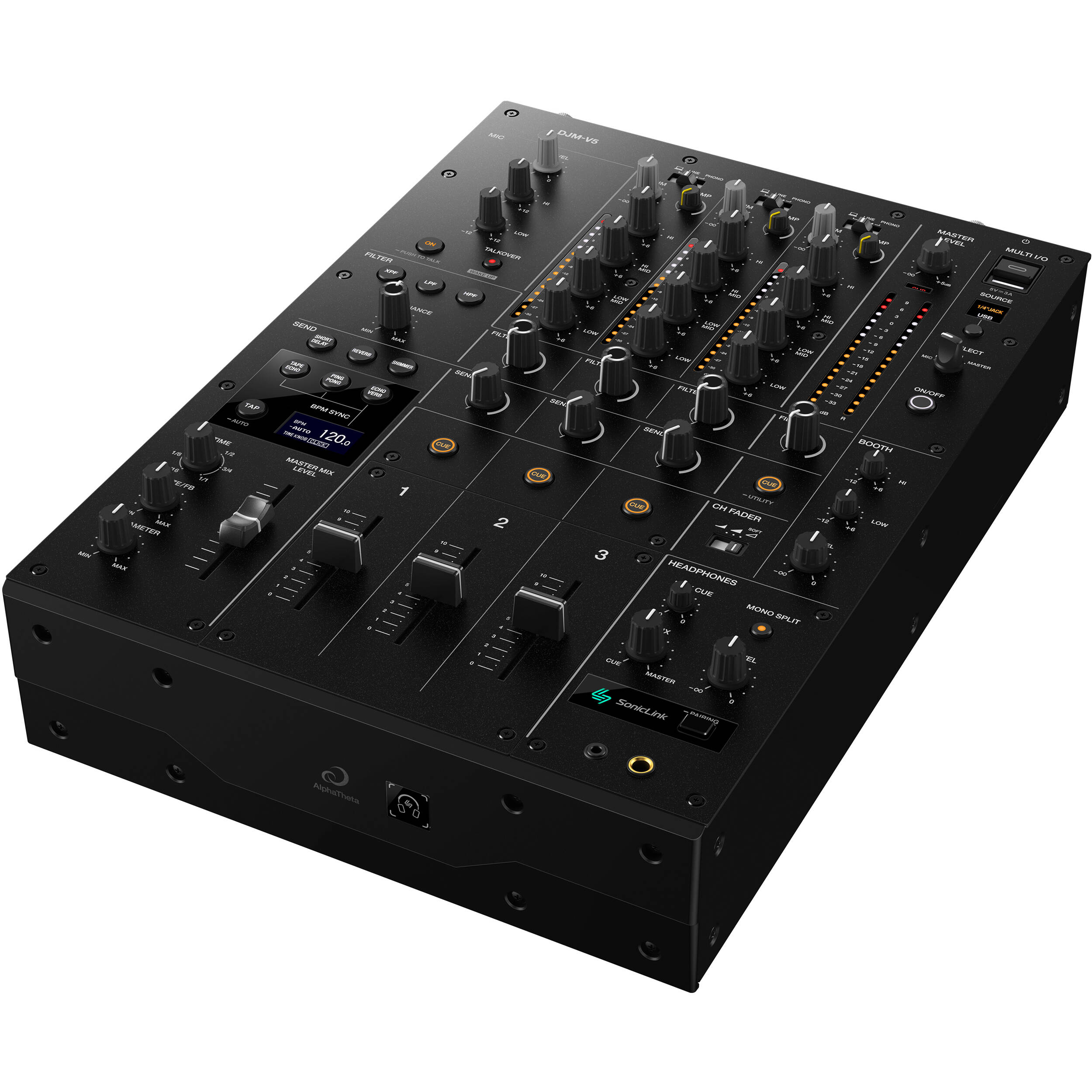 AlphaTheta DJM-V5 DJ mixer with multiple channels, knobs, and sliders for professional audio mixing setup.