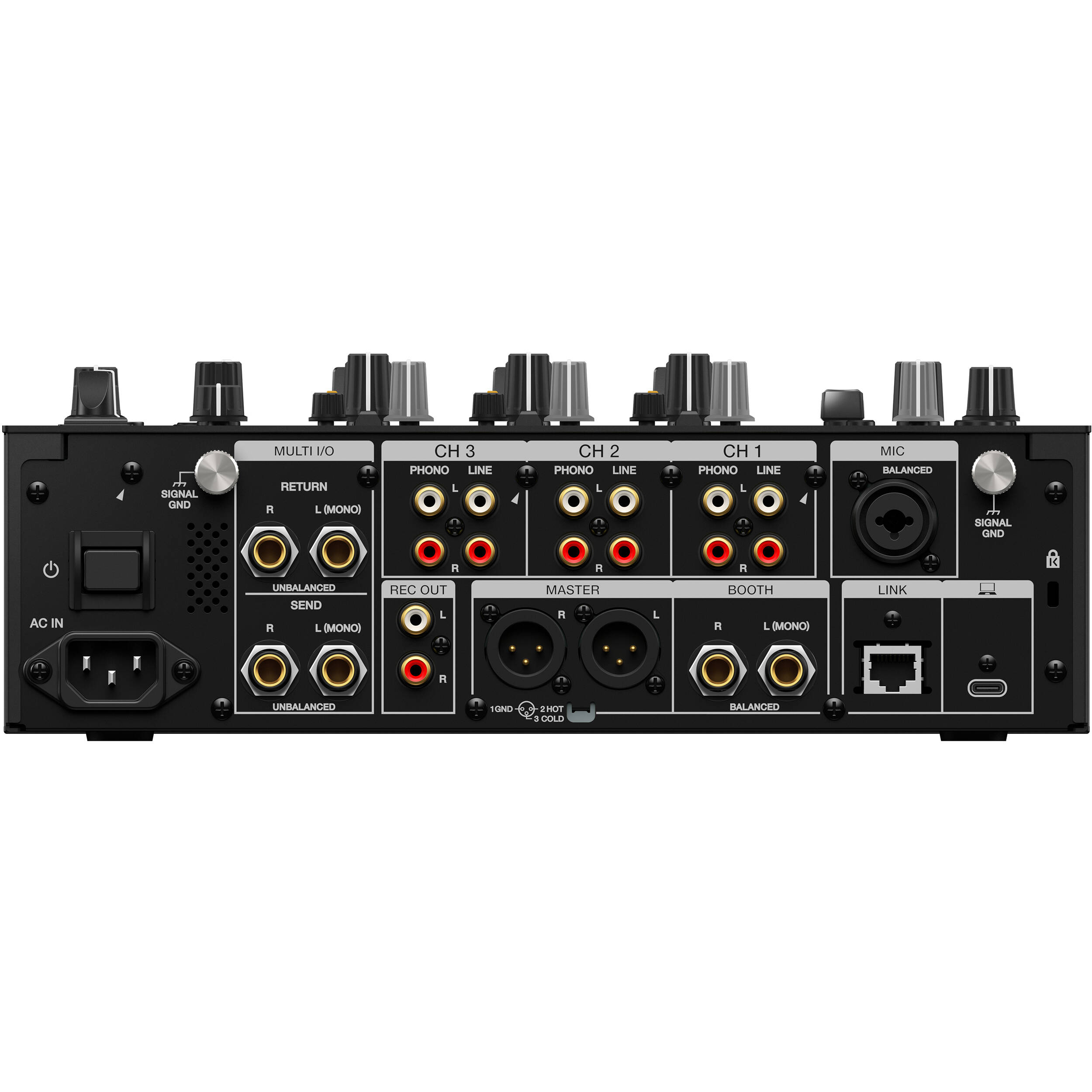 AlphaTheta DJM-V5 DJ mixer with multiple controls and colorful LED displays, designed for professional DJ setups.