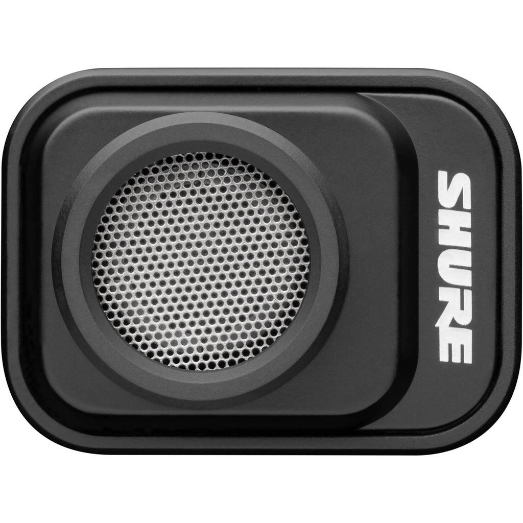 Shure MV88 iOS and Android microphone connected to a smartphone, compact portable audio recording device.