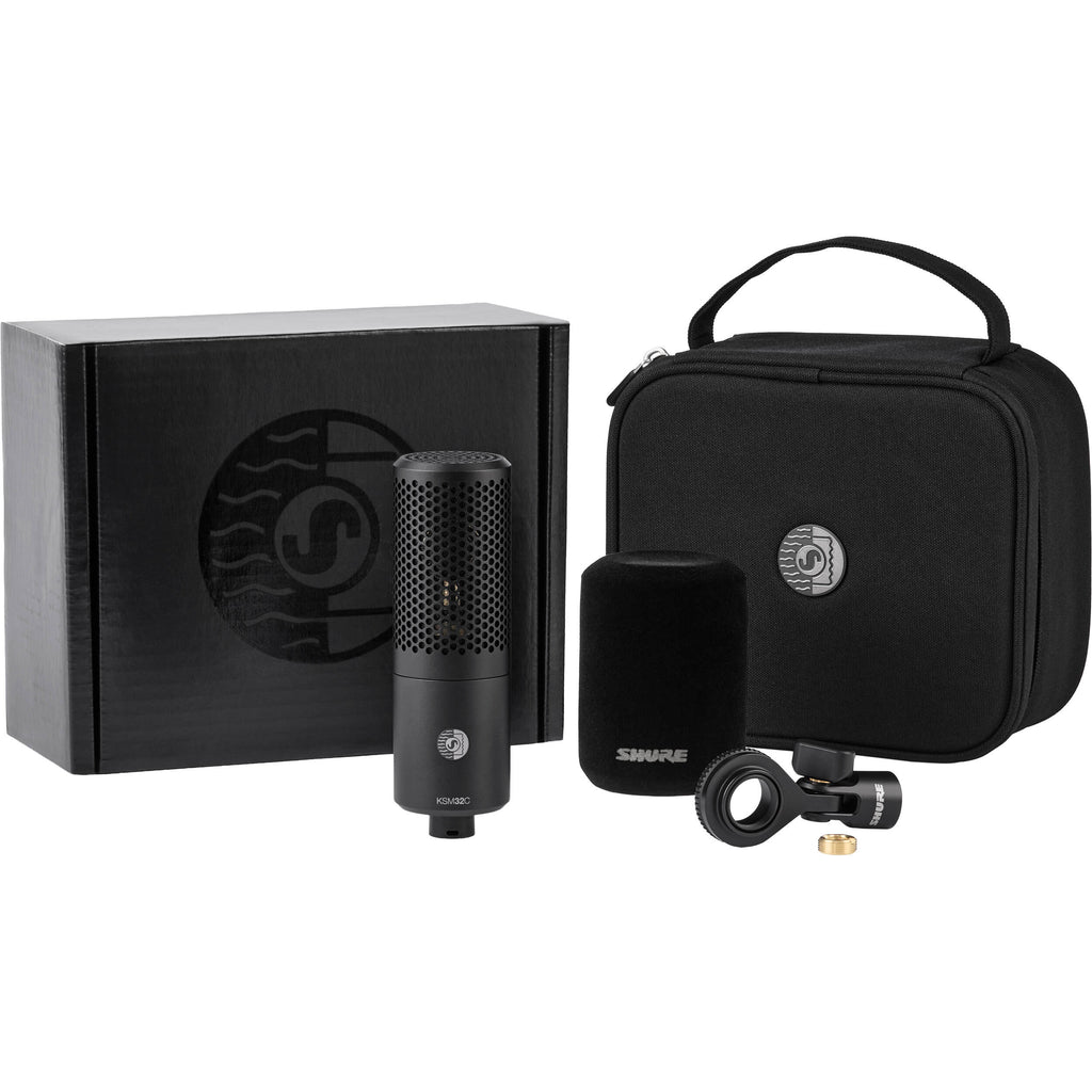 Shure KSM32C/HM condenser microphone stage kit with microphone and accessories for professional audio recording and live performances.