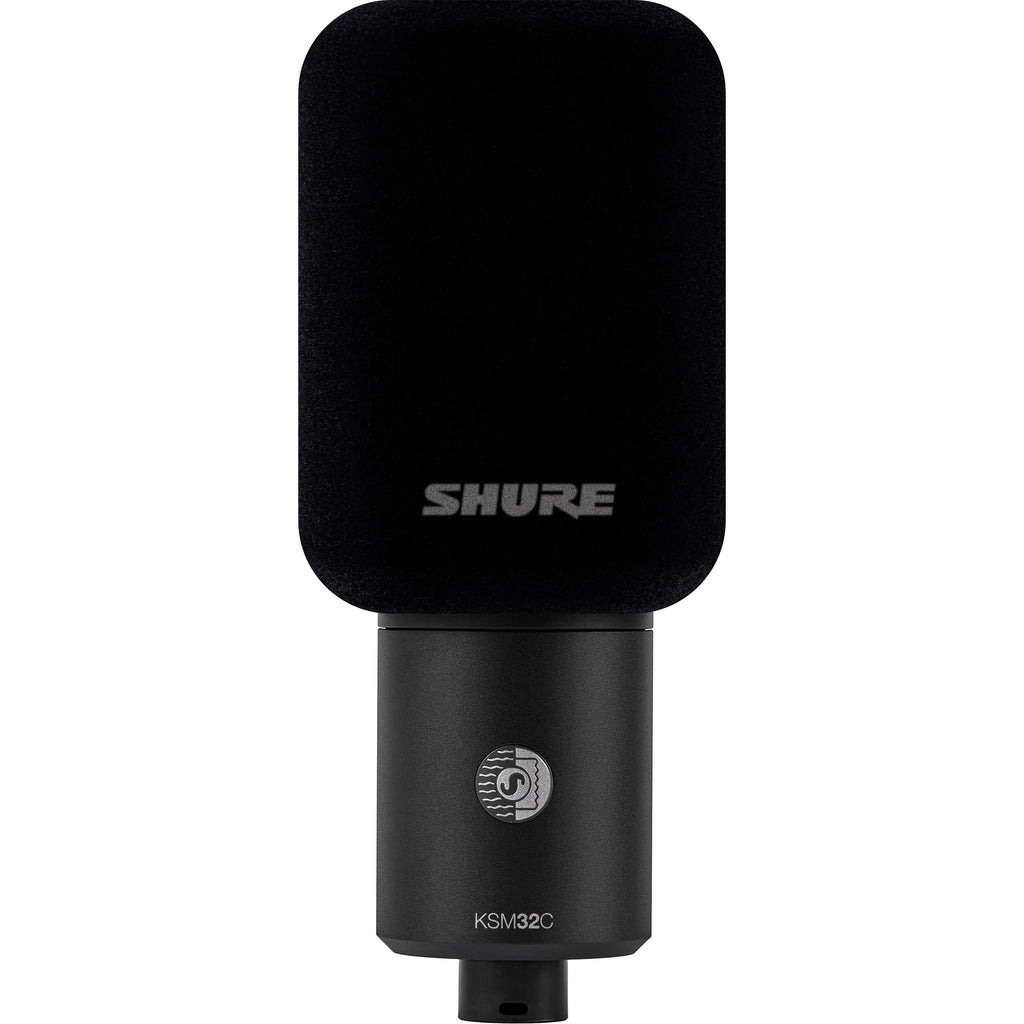 Shure KSM32C/HM condenser microphone stage kit with microphone, stand, and accessories for professional audio recording and live performances.