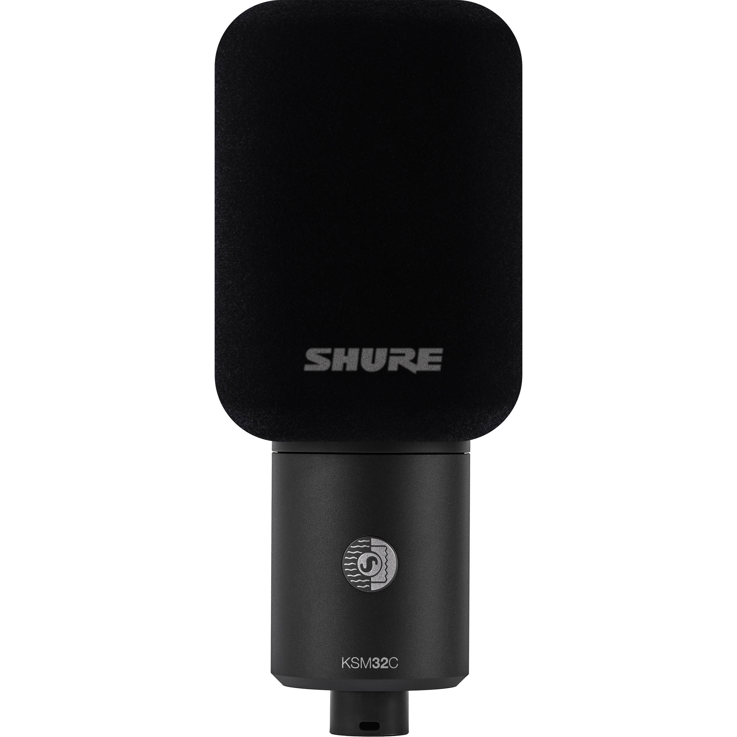Shure KSM32C/HM condenser microphone stage kit with microphone, stand, and accessories for professional audio recording and live performances.