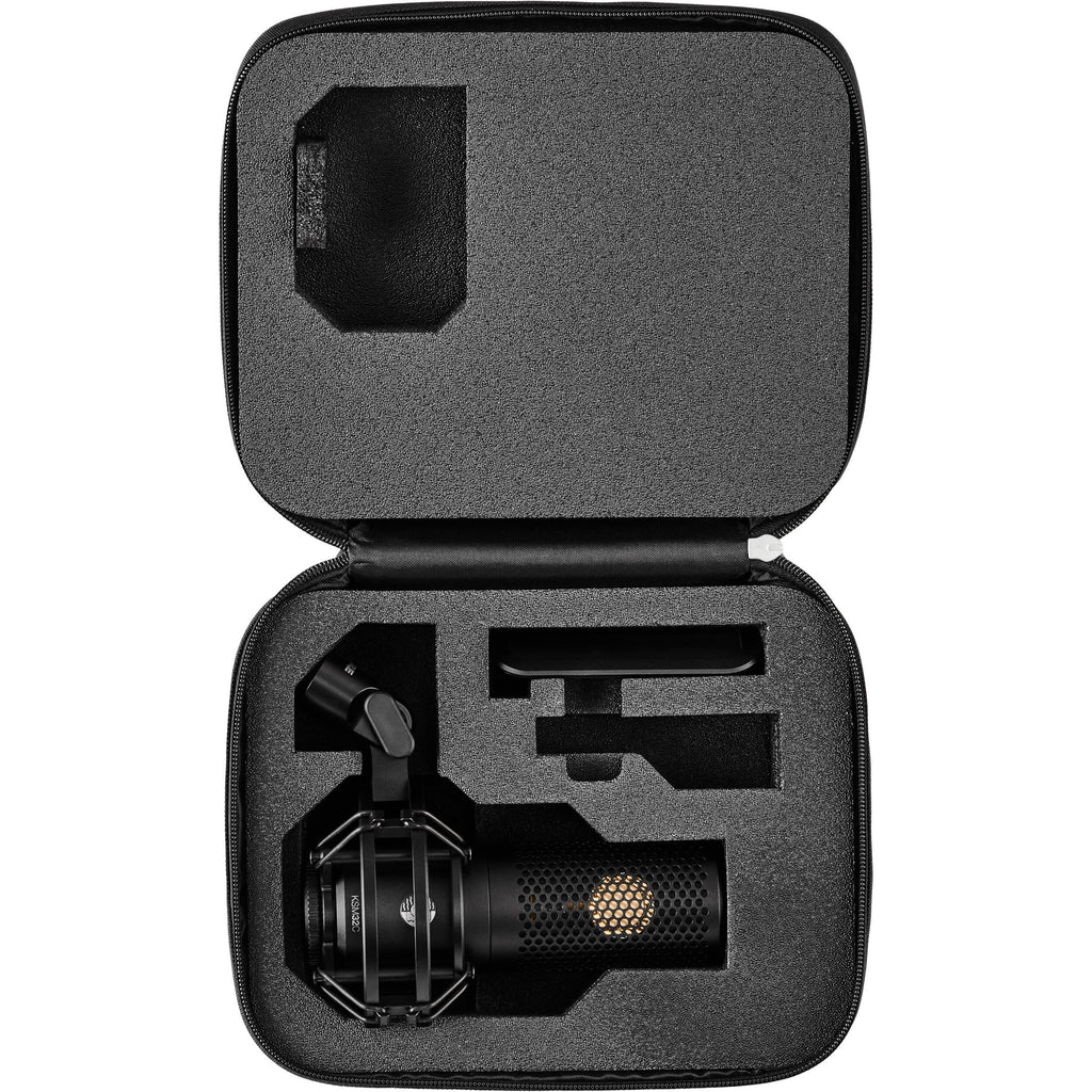 Shure KSM32C/SM studio condenser microphone with shock mount and accessories, ideal for professional audio recording.