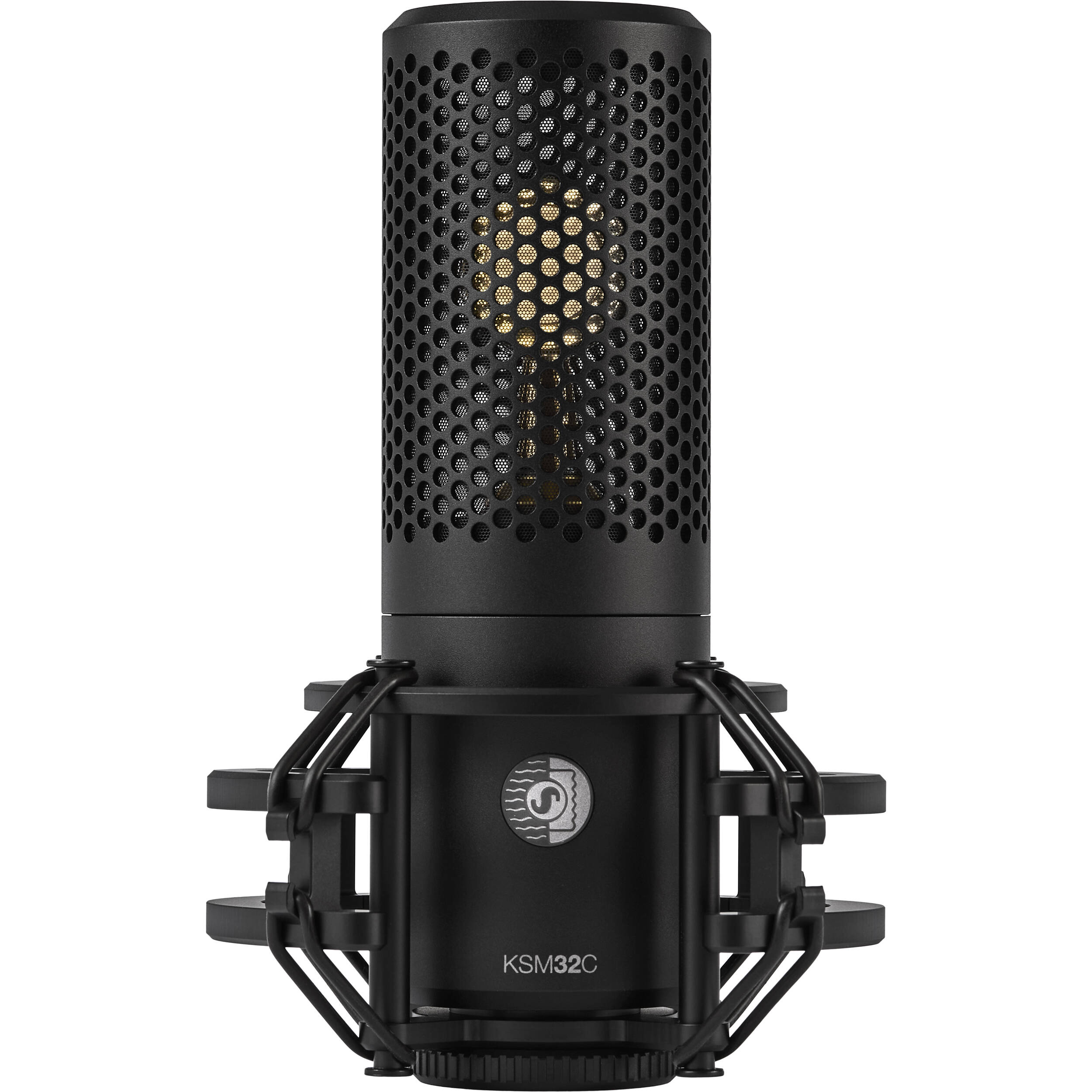 Shure KSM32C/SM studio condenser microphone with shock mount and accessories, designed for professional recording and studio use.