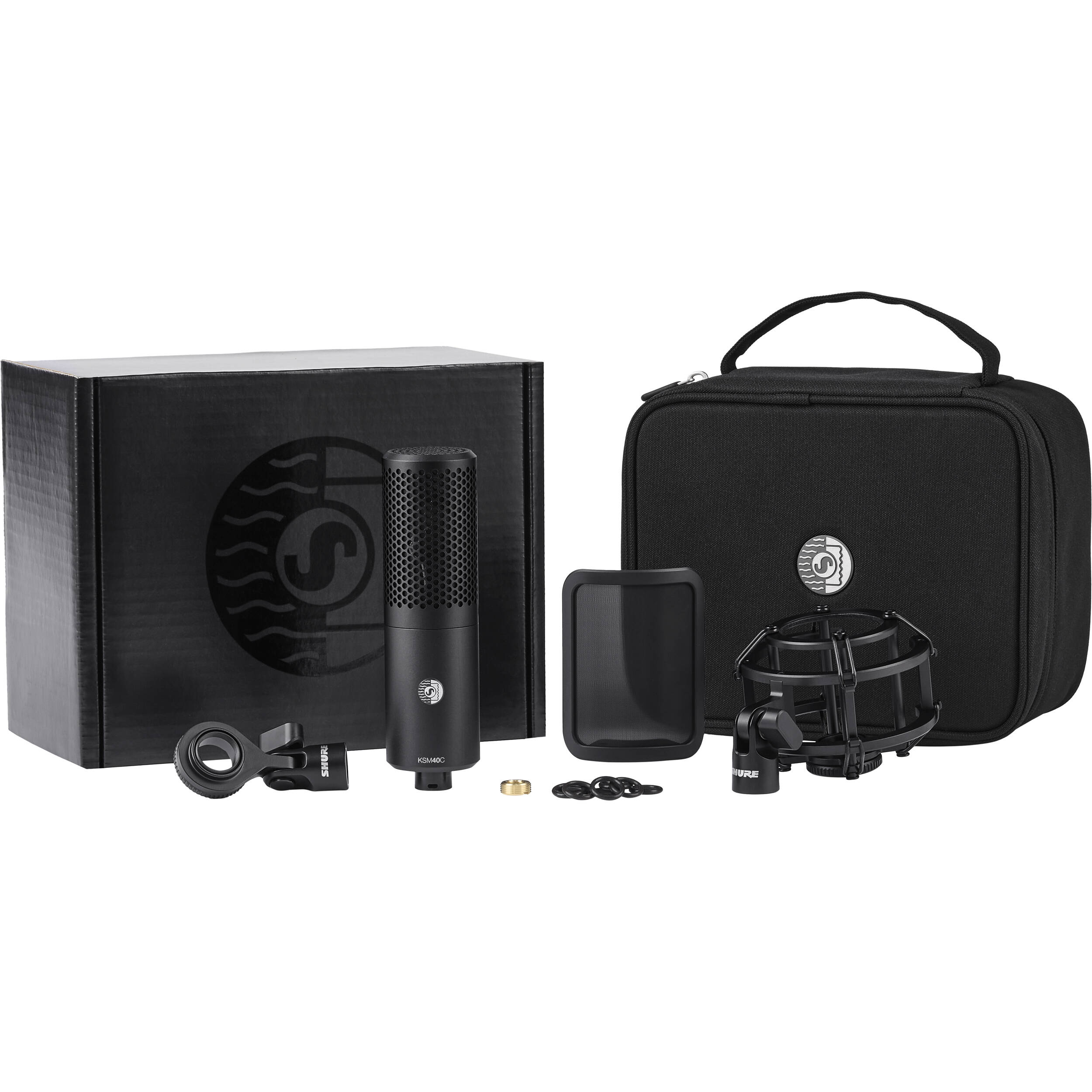 Shure KSM40C condenser microphone with professional audio quality, featuring a sleek black design and rugged build.