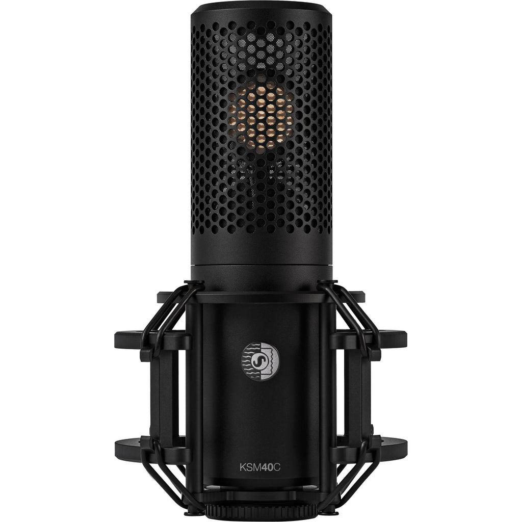 Shure KSM40C condenser microphone with a sturdy metal body and professional microphone capsule for studio recording.