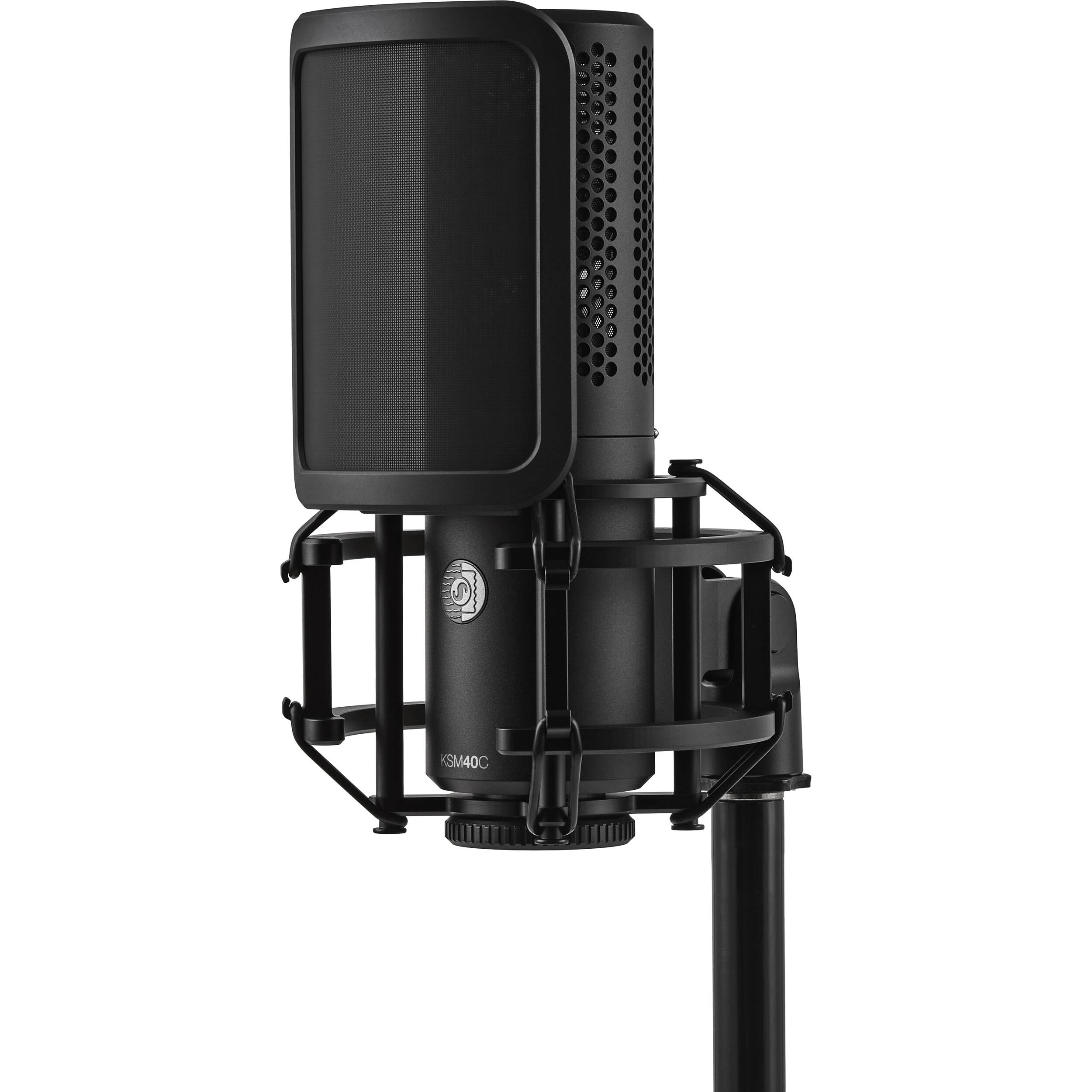 Shure KSM40C condenser microphone with metal grille and professional audio design for studio recording and live sound.