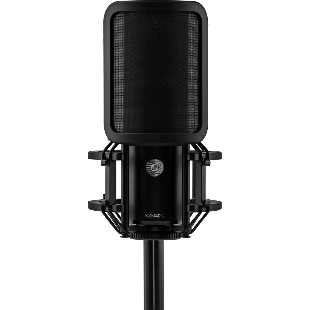Shure KSM40C condenser microphone with cardioid capsule, mounted on a stand, ideal for studio recording and live sound.