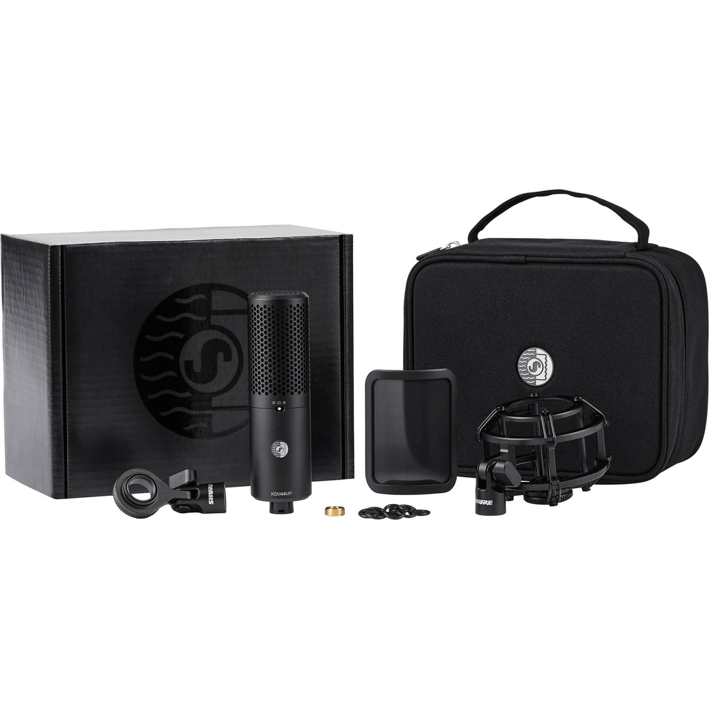 Shure KSM44MP condenser microphone with dual diaphragms and professional audio input for studio recording and vocals.