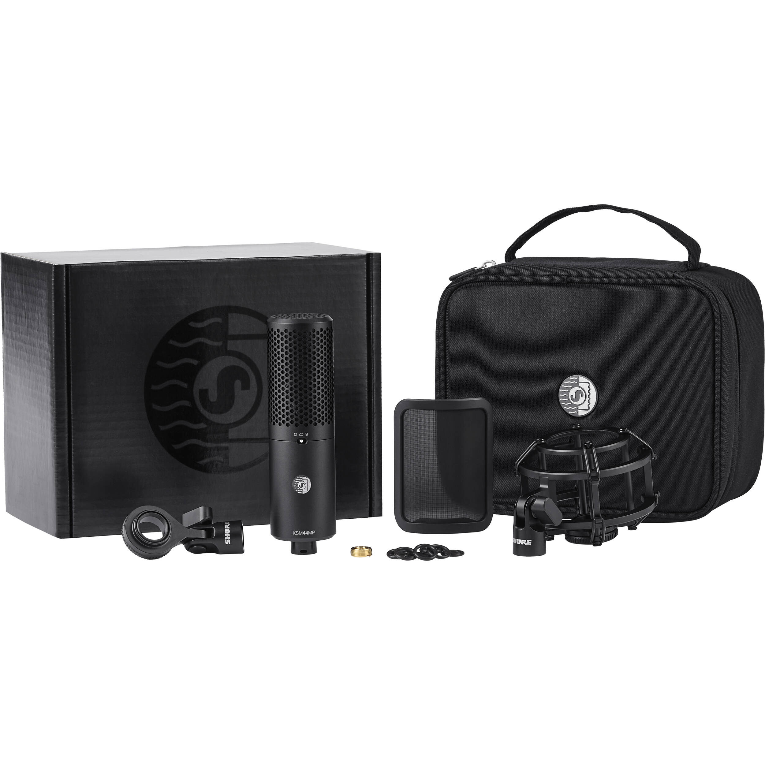 Shure KSM44MP condenser microphone with dual diaphragms and professional audio input for studio recording and vocals.
